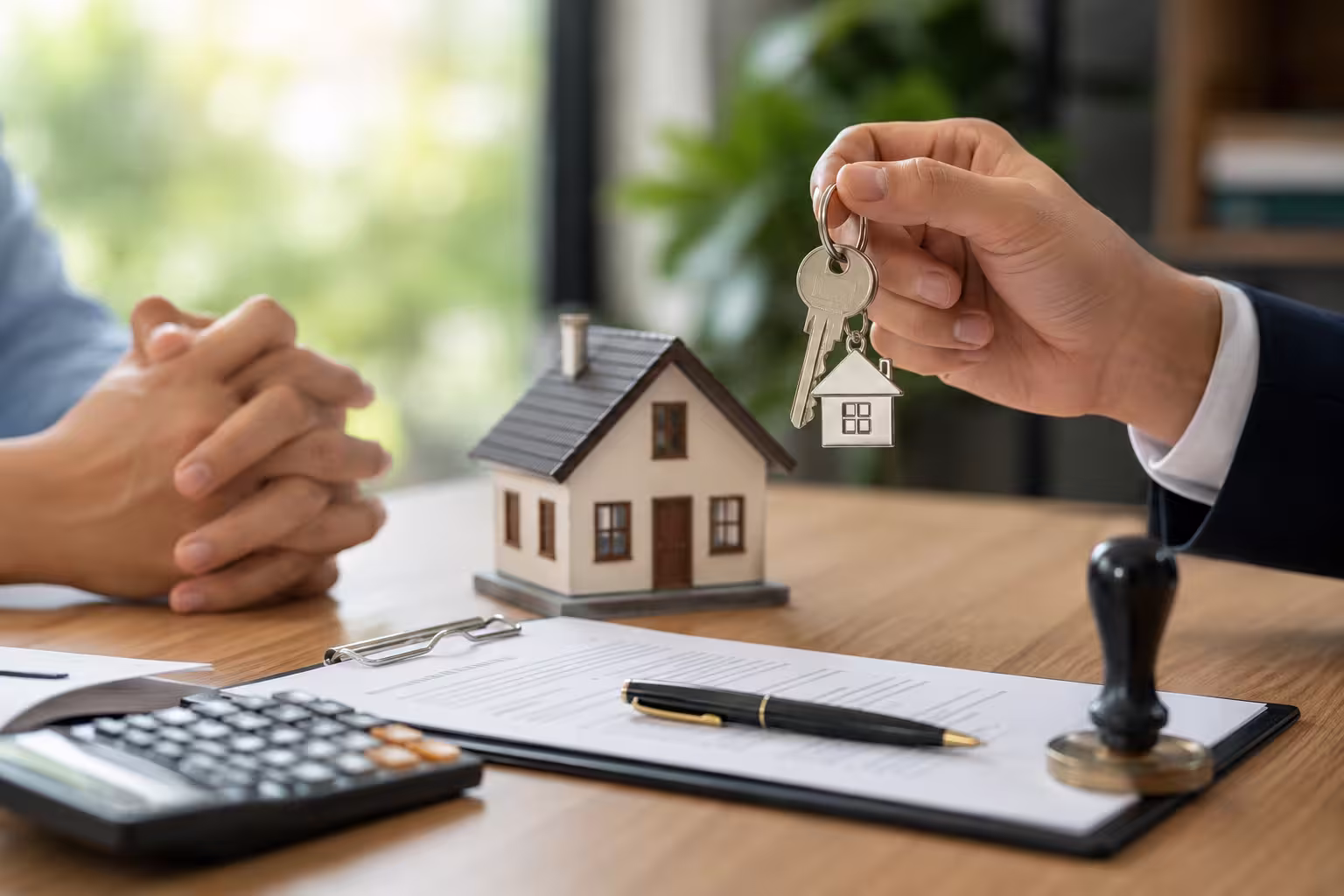 Dohovir kupivli-prodazhu kvartyry Нотаріальне оформлення купівлі-продажу квартири з договором, ключами, калькулятором і моделлю будинку на столі.